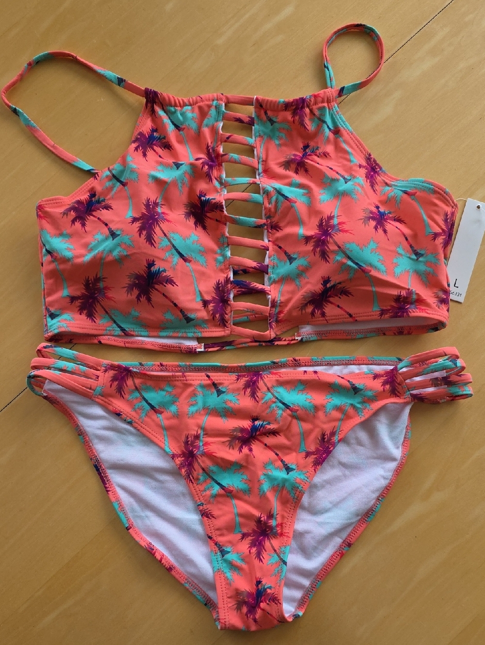 NEW Womens/ Juniors Palm-Print Strappy Two-Piece Swimsuit - Coral/Turquoise